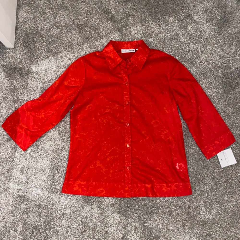 Coral Red Lace Patterned Sheer Button Down Small - Picture 2 of 8